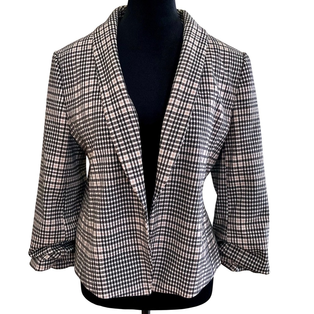 Ann Taylor Factory Plaid Open Front Blazer Ruched 3/4 Sleeve Black Tan‎ M Career